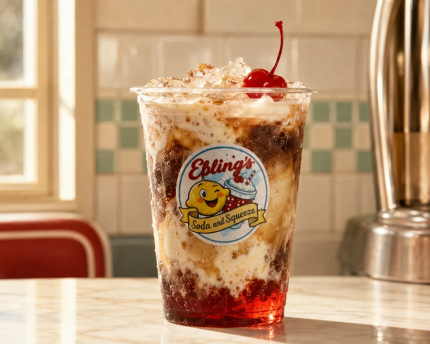 A dirty soda swirled with cream and topped with a cherry, in an Ebling's cup