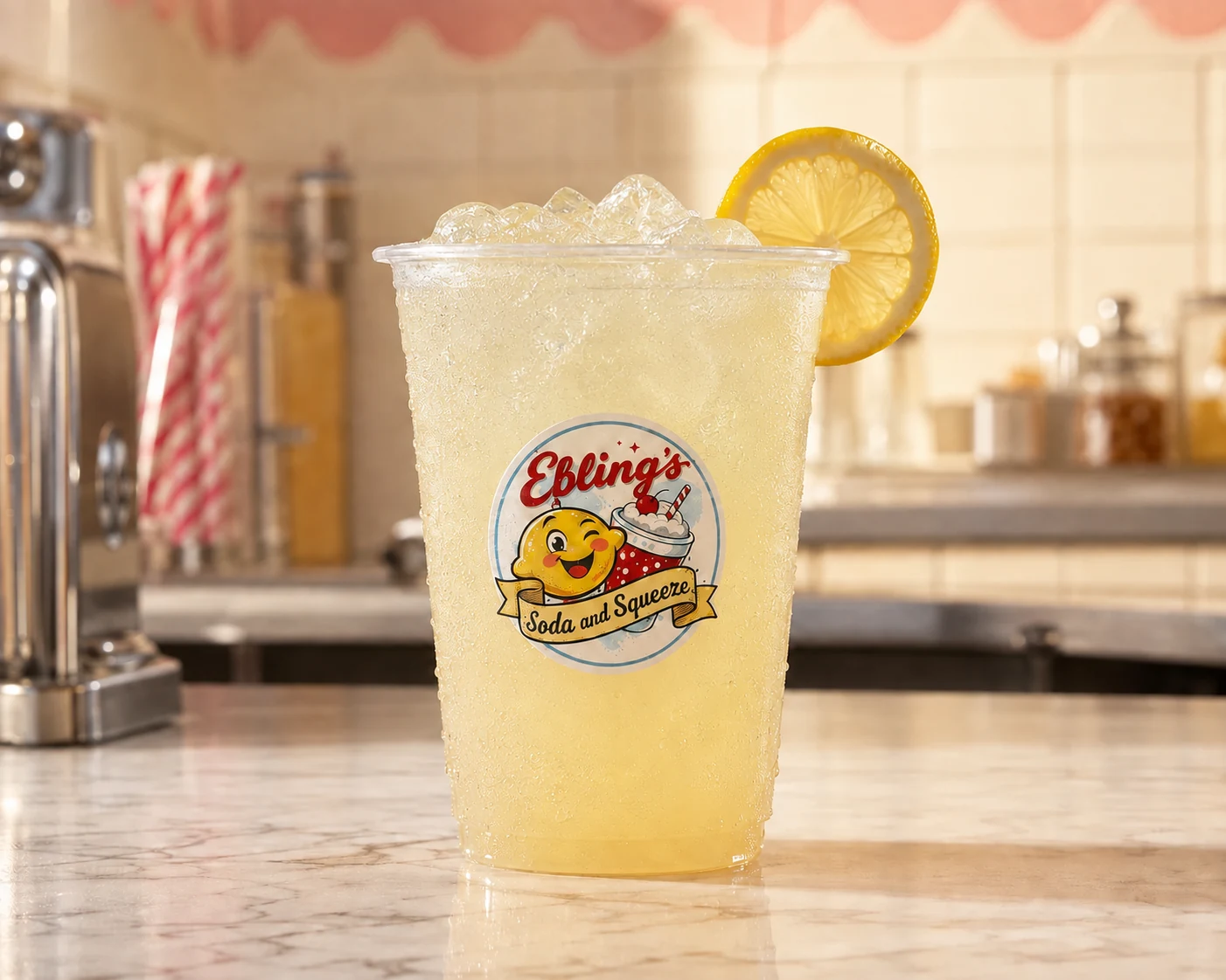A cup of fresh lemonade over ice with a lemon wheel