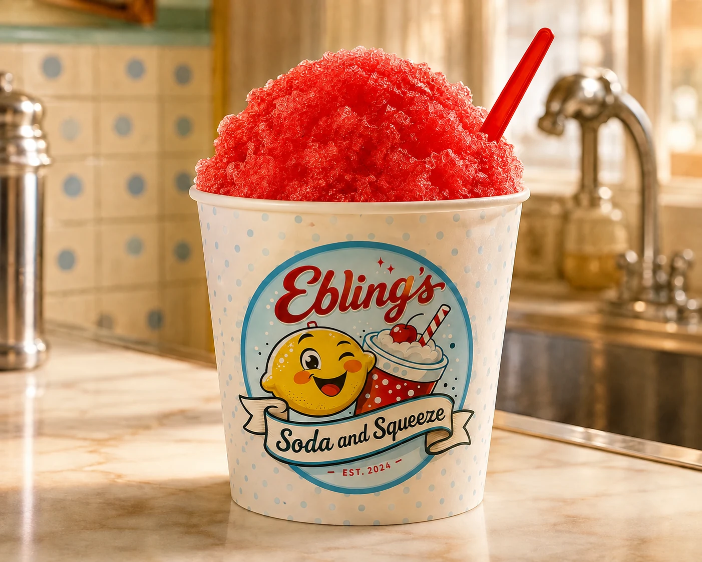 A cherry red snowball piled high in an Ebling's cup